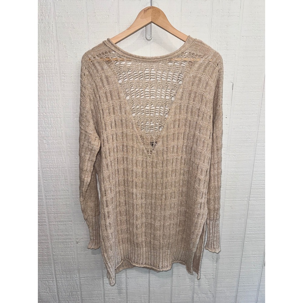 Free People Sweater Women Beige Open Knit Crochet Back V-Neck Oversized M